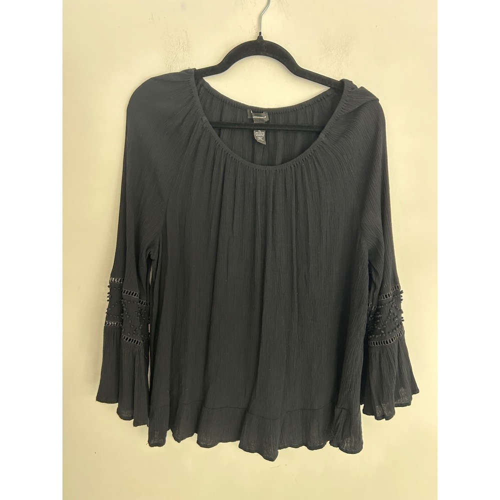 INC International Concepts Black Boho Bell Sleeve Lace Pom Pom Blouse XL
